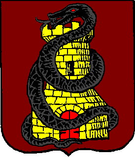 Sanguine, a tower or entwined with a serpent sable barring a door gules.