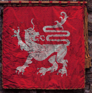 House Fiona Blazon: gules, a lion passant reguardant argent